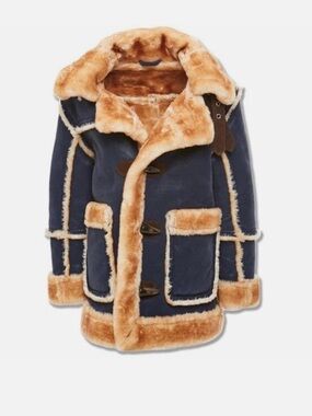 Jordan Craig Navy and Tan Faux Shearling Toggle Pea Coat